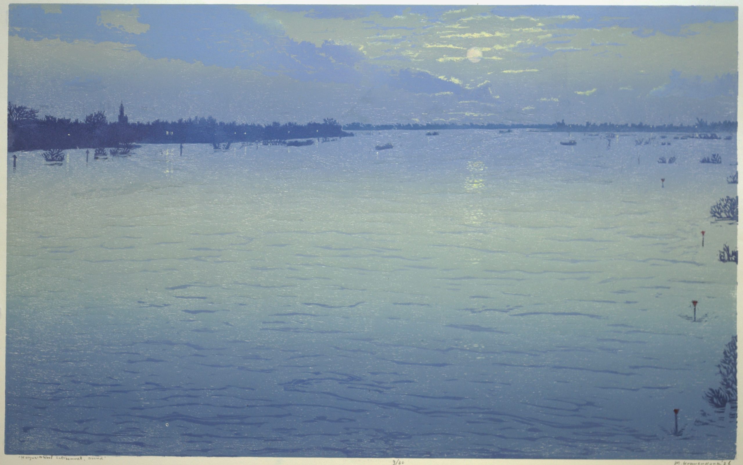 Waal hoogwater nocturne, avondwolken', kleurenhoutsnede, 38 x61 cm